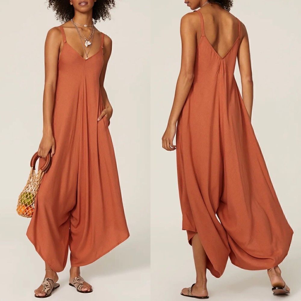 KAHINDO Jumpsuit Womens Medium M Rust Orange Boxy Strappy Pockets